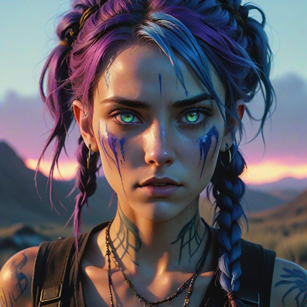 Mysterious Arcane Warrior with Neon Hair and Wild Aura