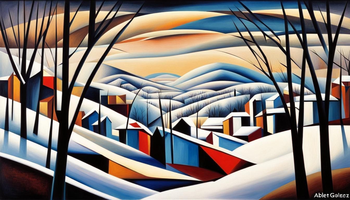 Abstract Cubist Winter Landscape in Cold Tones