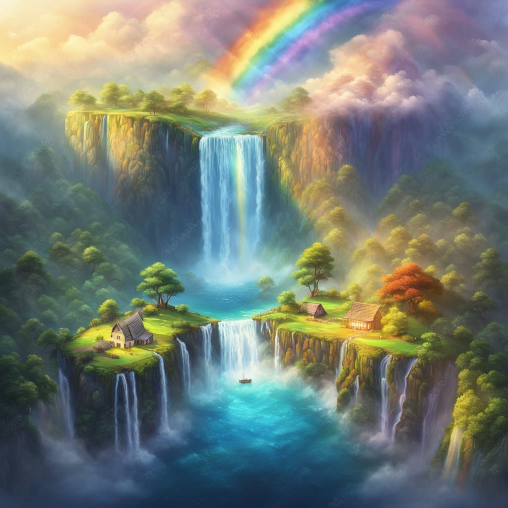 Floating Island Waterfall with Rainbow in Oil Painting Style