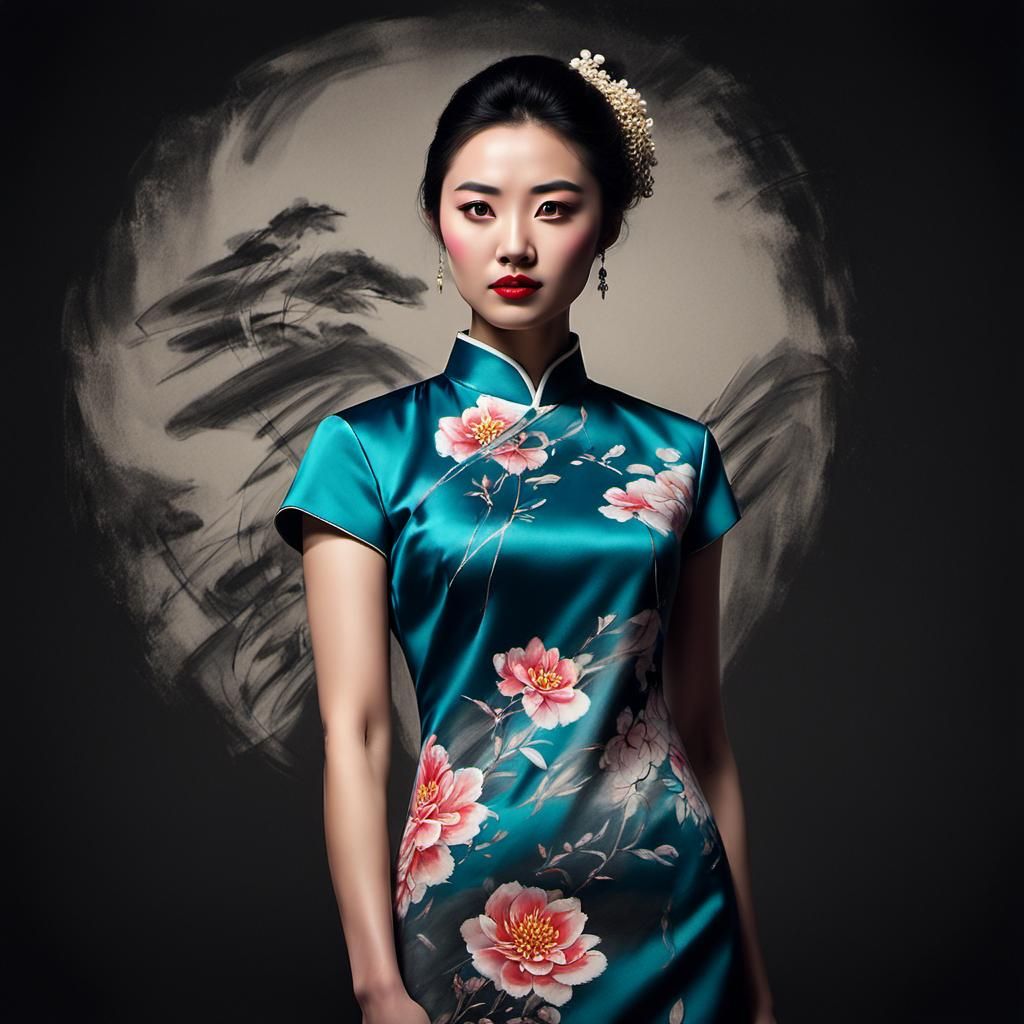 Elegant Chinese Woman in Modern Qipao, Charcoal Sketch Style