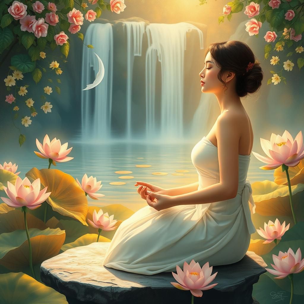 Serene Woman Meditating in Ethereal Garden