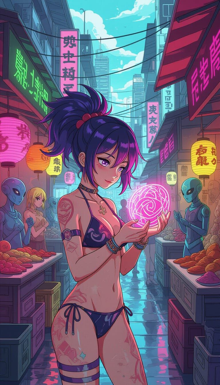 Anime Woman in Futuristic Market, Studio Trigger Style