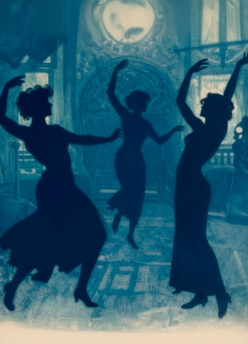 Dynamic Cabaret Dancers Silhouettes in Art Deco Poster Style