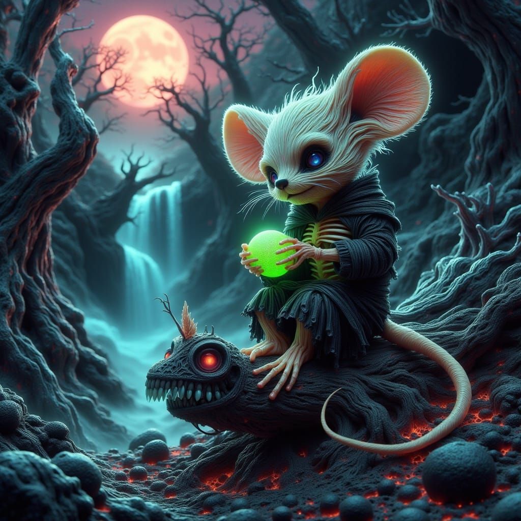 Skeletal Chibi Mouse With Glowing Orb in Dark Whimsical Styl...