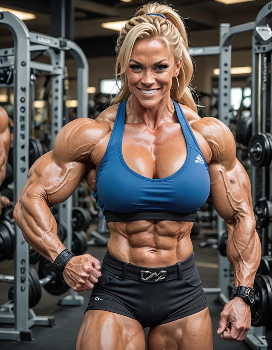 Muscular Woman Flexing Biceps in Anime Style