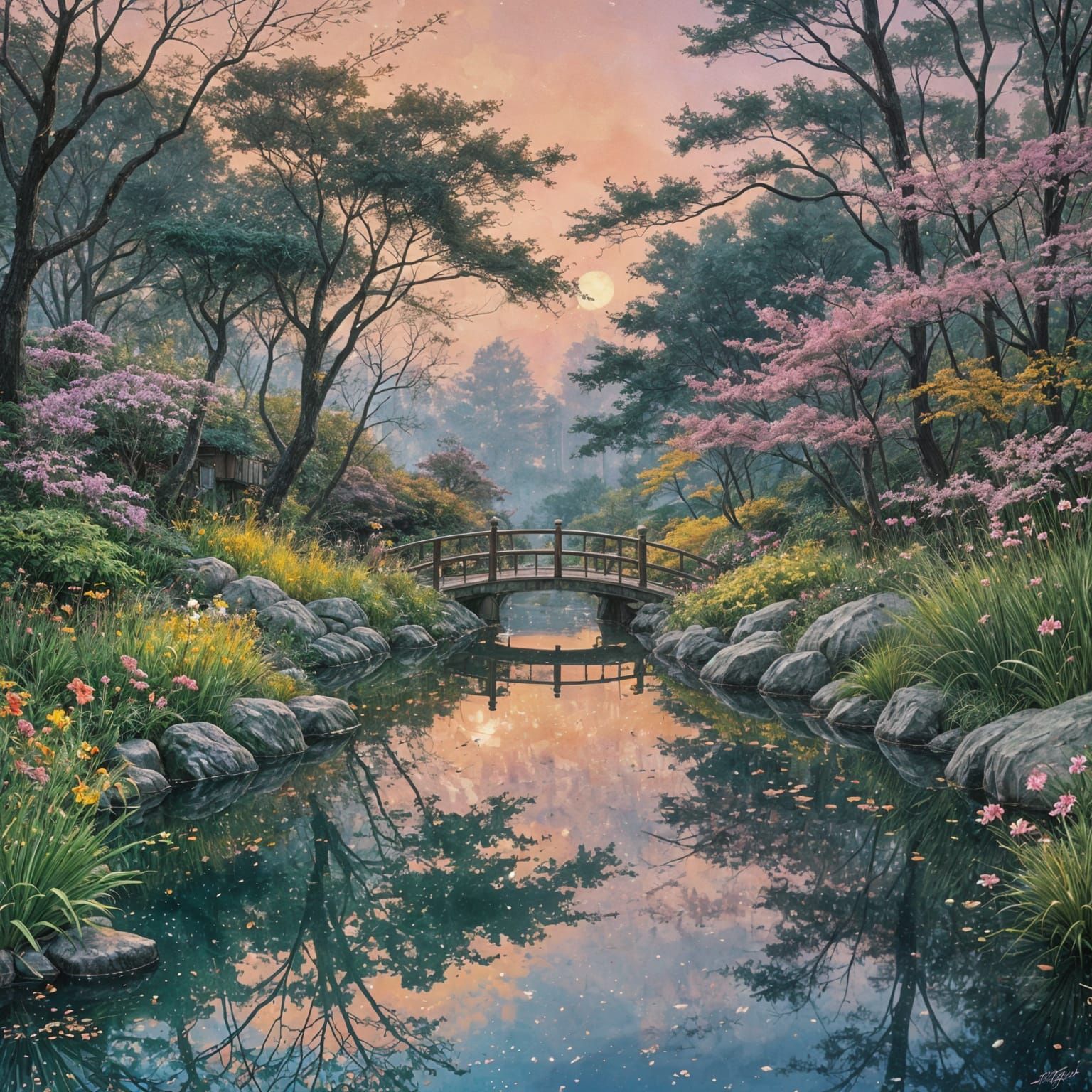 Luminous Japanese Garden at Sunset with Starry Sky