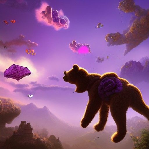 Teddy Bear's Whimsical Flight in Fantasy Landscape