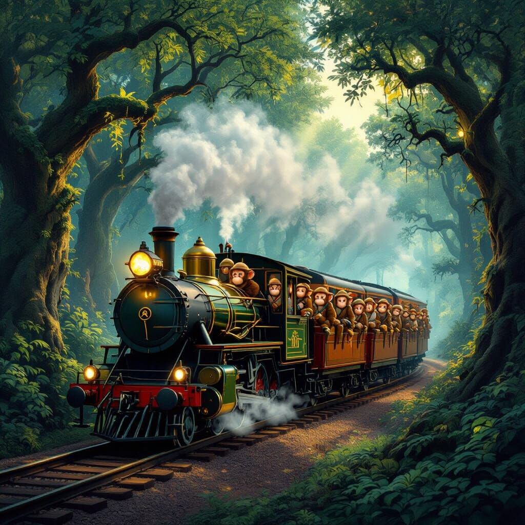Vintage Steam Train with Monkeys in Enchanted Forest