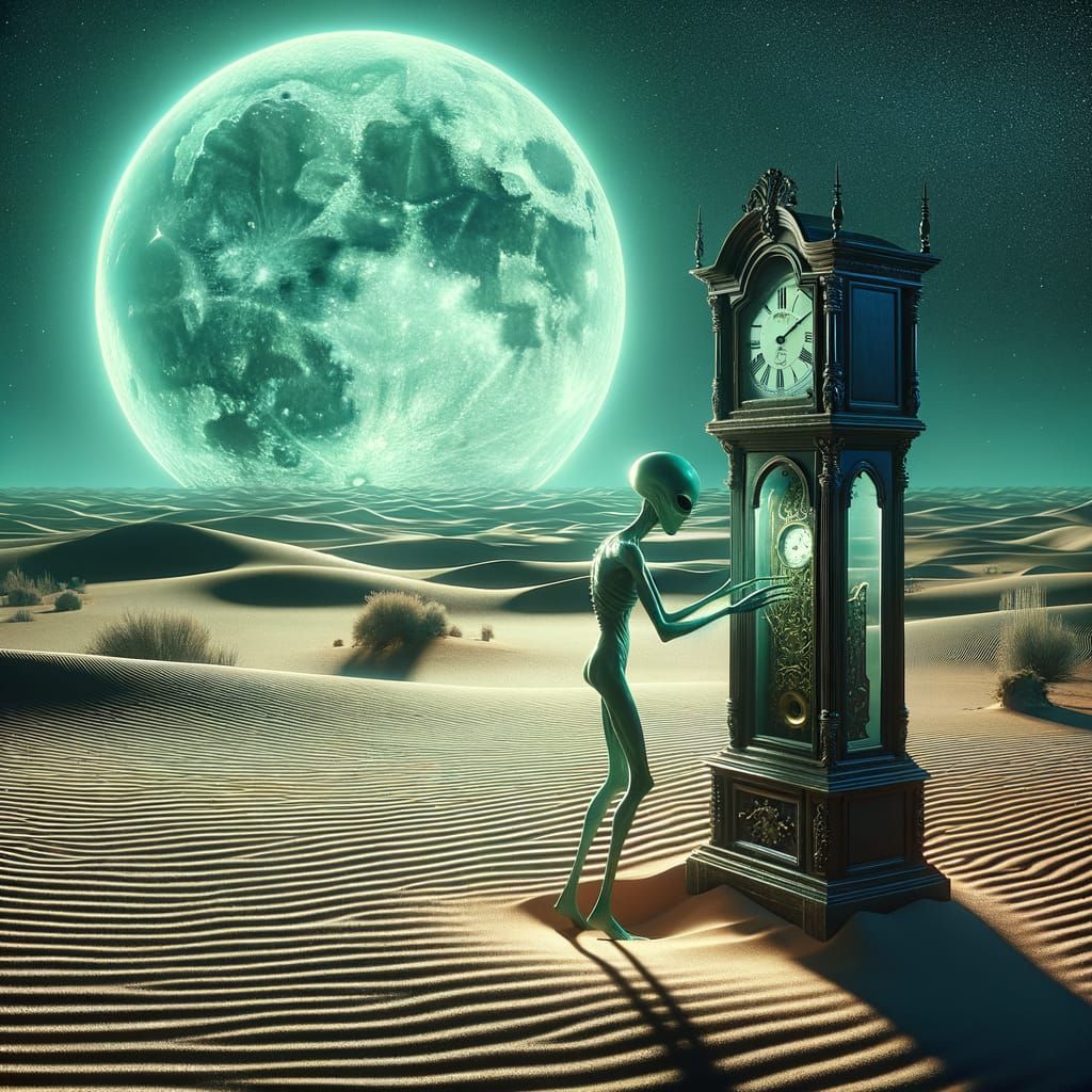 Alien Repairs Clock Under Jade Moon