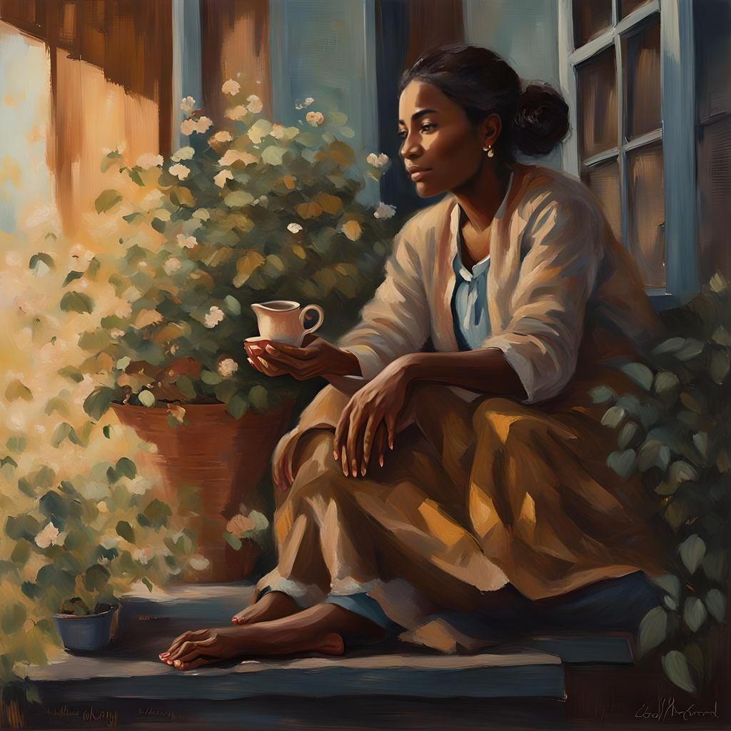 Lady Sipping Tea Atop Her House
