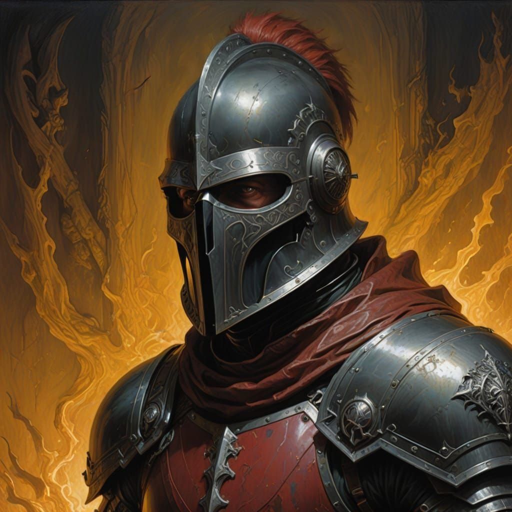 Medieval Warrior Portrait in Crimson and Ebony Armor