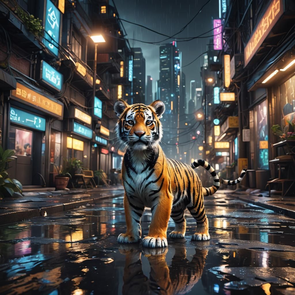 Lost Tiger Cub in a Neon Cyberpunk Cityscape