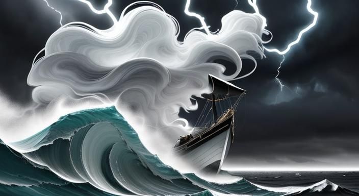 a whispy beautiful ethereal angry goddess face in clouds in the sky blowing a sttorm on a tiny boat in the sea in a dark...