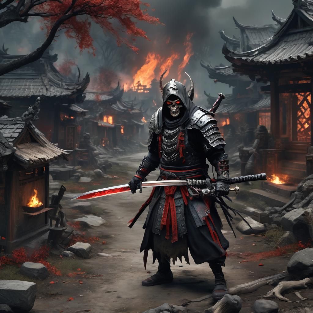 Evil Ghost Samurai Necromancer in Burning Village