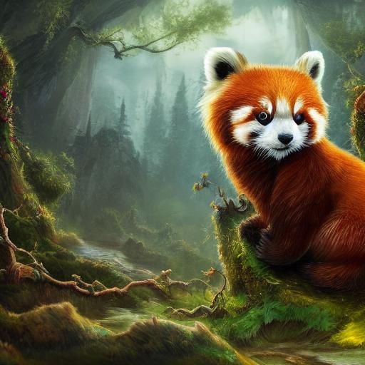 Red Panda in Forest, Vibrant Oil Painting