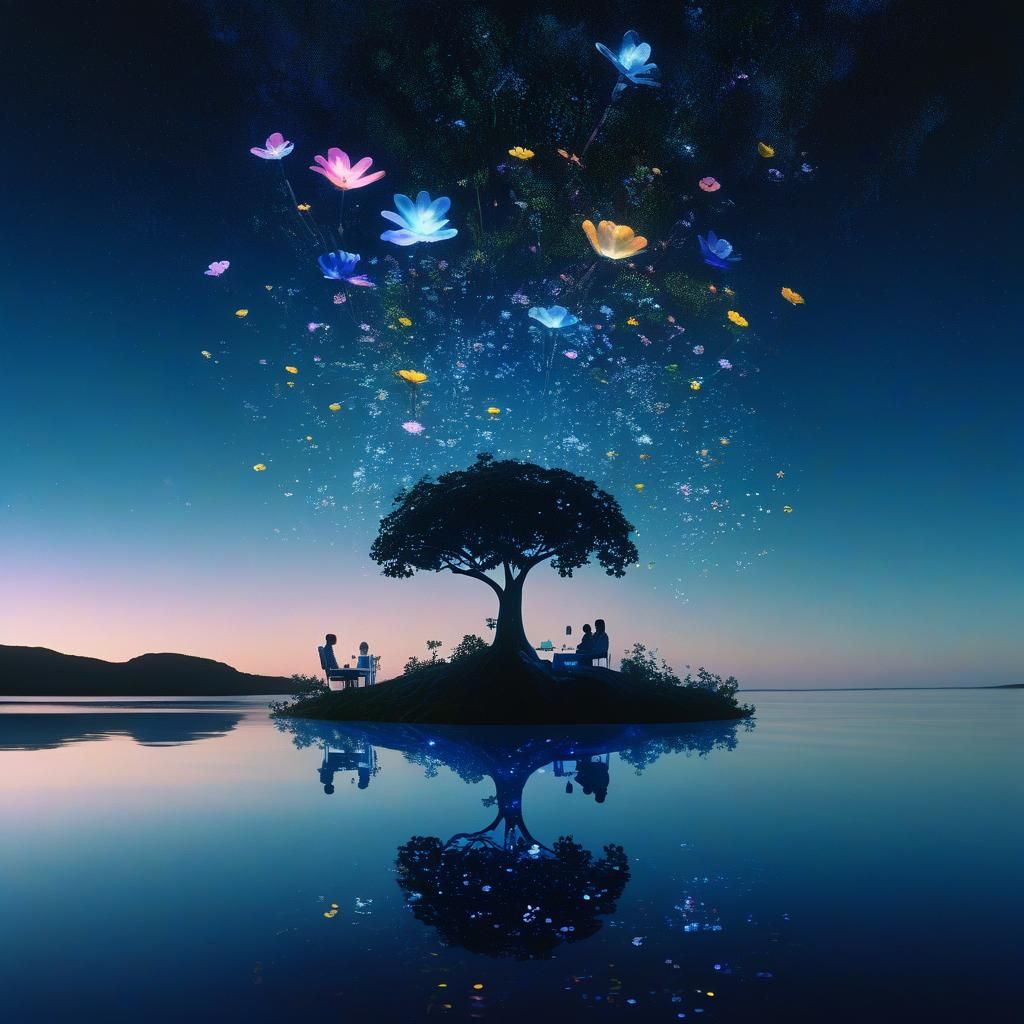 Bioluminescent Island with Crystal Tree and Triple Moons