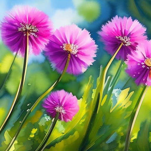 Pink Dandelions in Gouache Style