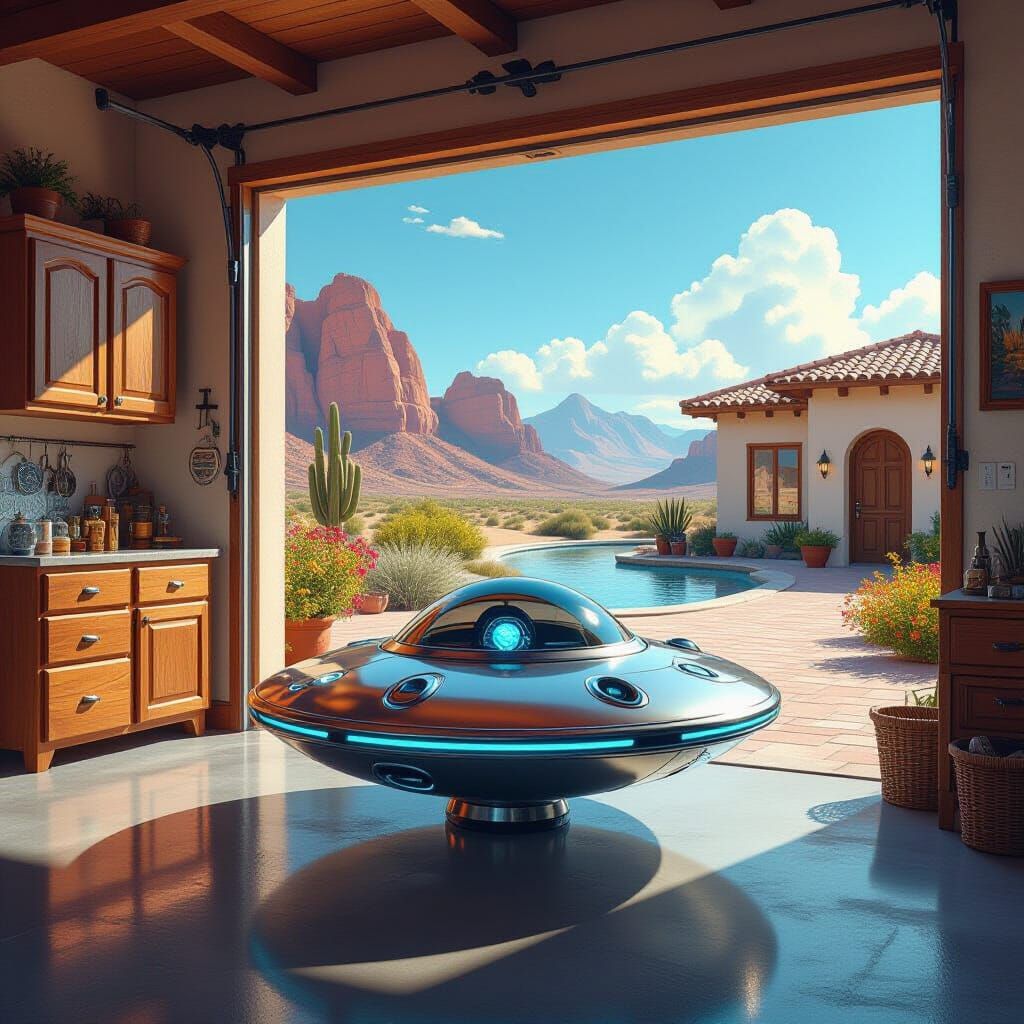 Flying Saucer in Desert Garage: Holographic Astral Illustrat...