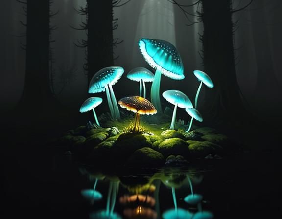 Jellyfish and Toadstools in Mystical Forest: Digital Art
