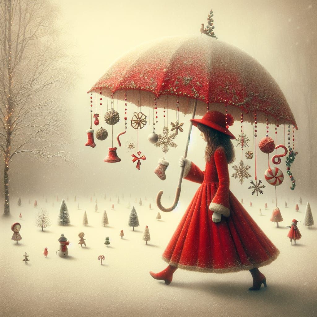 Christmas Girl with Vibrant Red Dress and Festive Umbrella i...