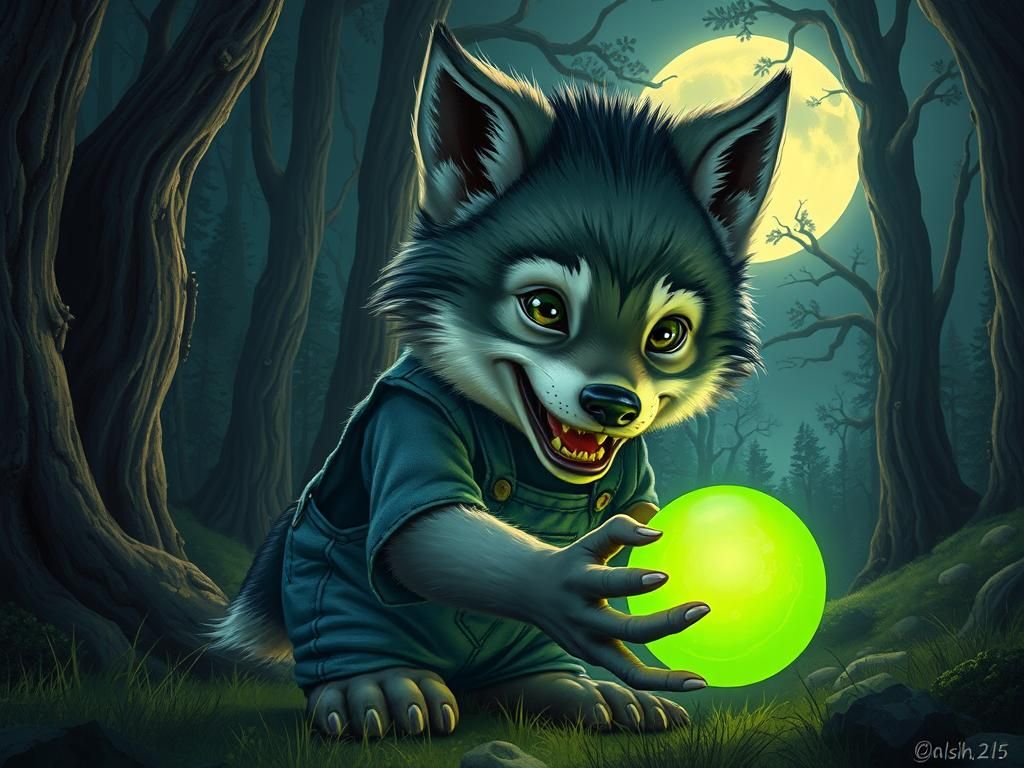 Baby Werewolf Fetch in Moonlit Forest