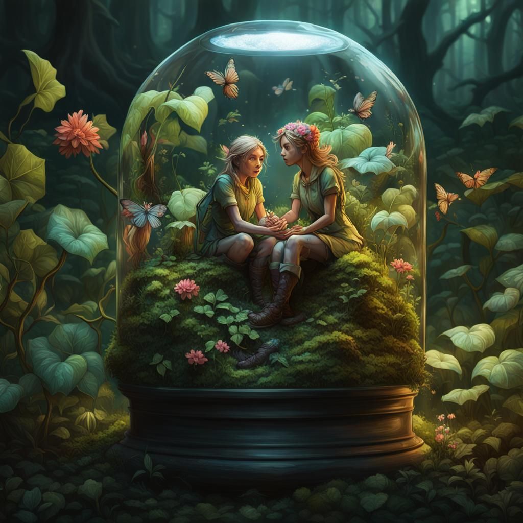 Fairies Trapped in Forest Terrarium, Detailed Digital Art