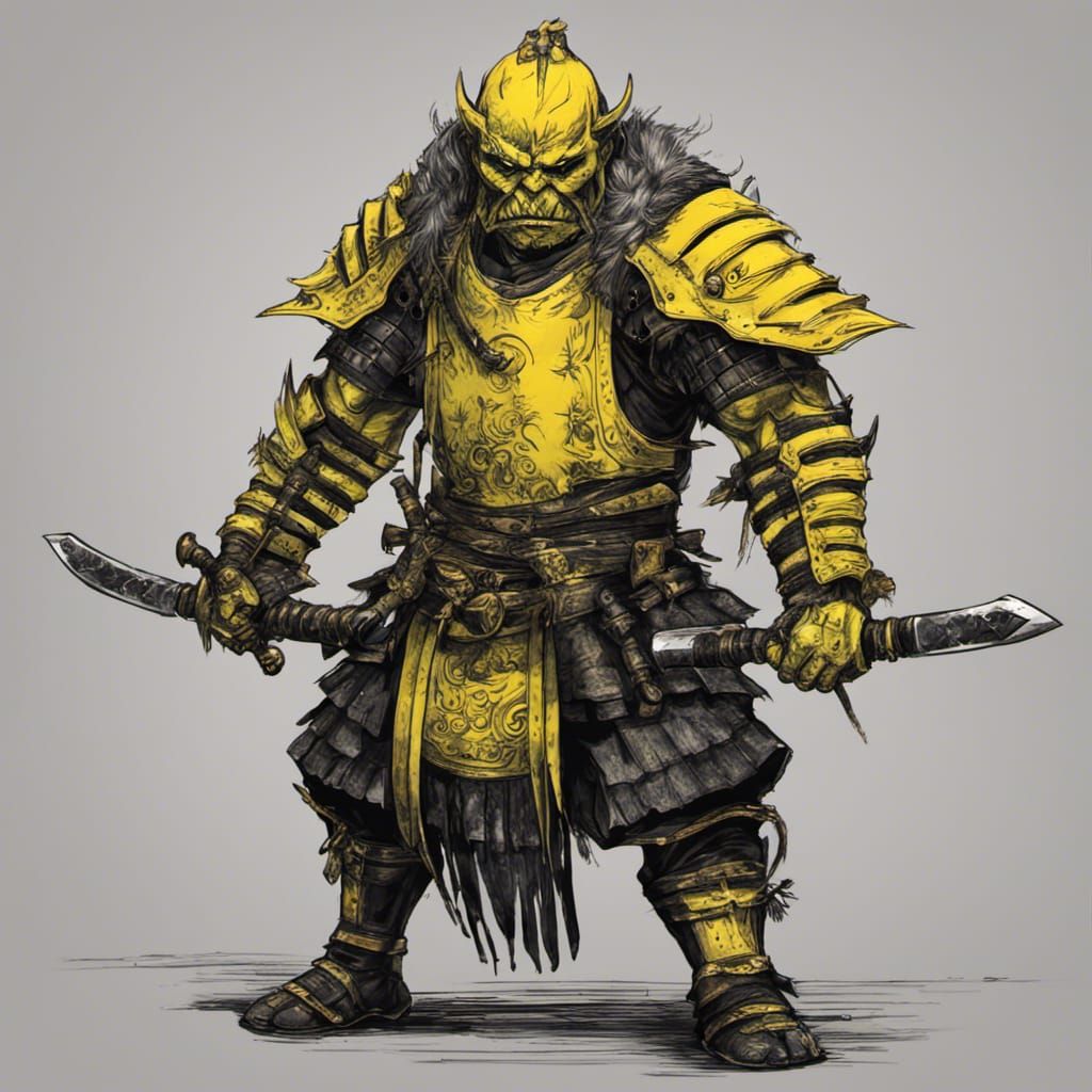 Fantasy Orc Samurai Warrior in Yellow and Black Armor