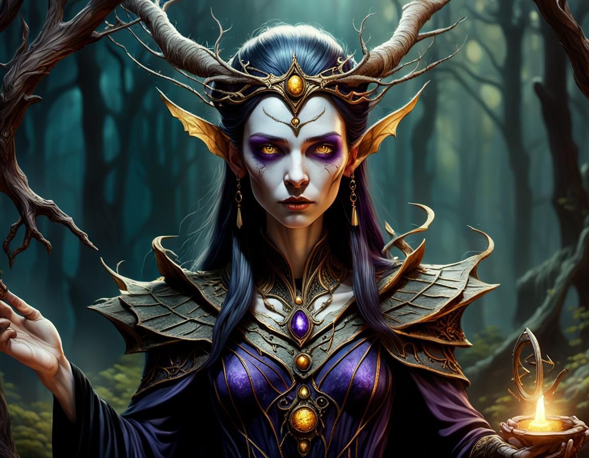 Mysterious Sorceress in Dark Fantasy Forest