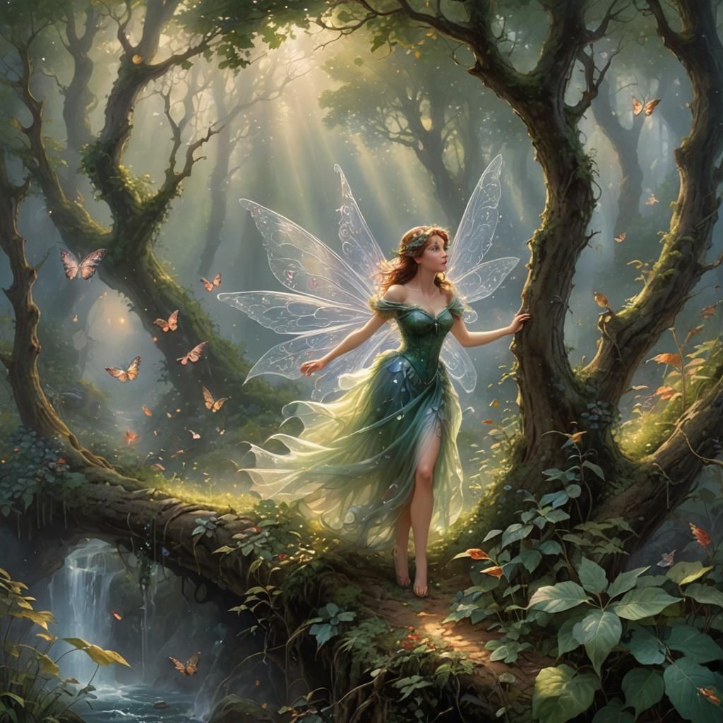 Fairy walking through the woods