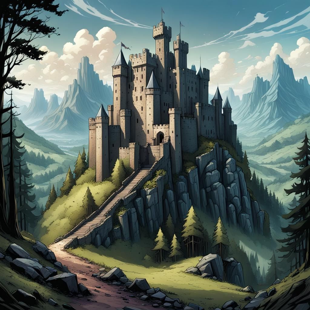 Modern Castle on Plateau: Comic Book Art