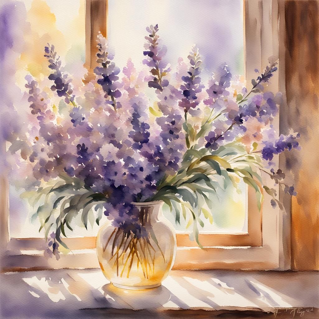 Lavender Flowers in Sfumato Watercolor Style