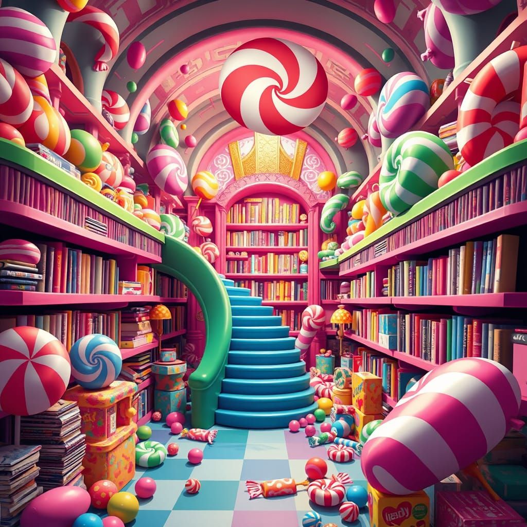 Vibrant Candy Land Library in Whimsical Digital Art