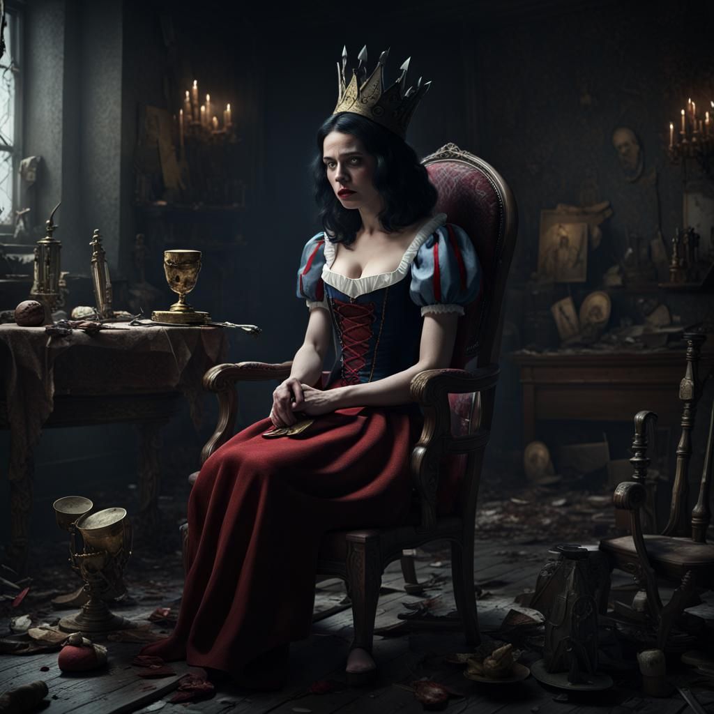 Exhausted Snow White in Despair: Macabre Horror Art