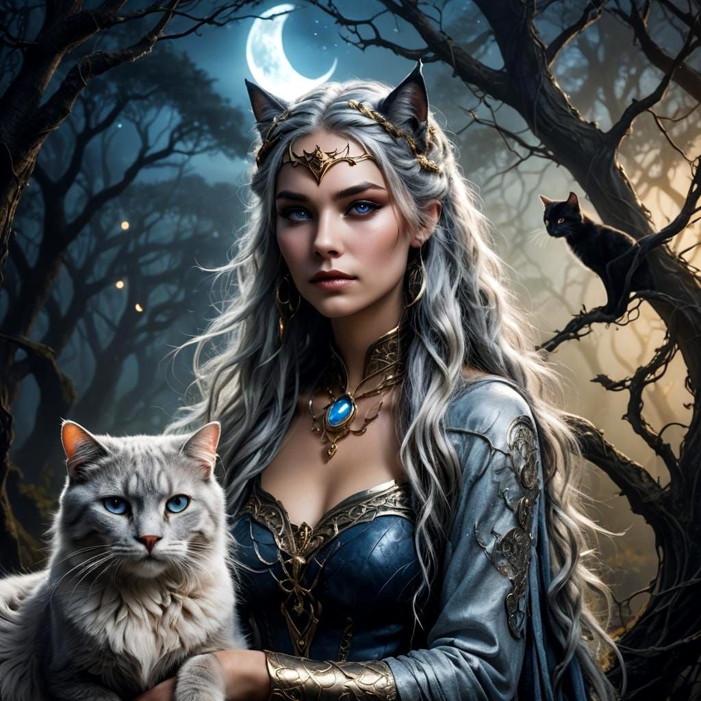 Ethereal Cat Woman in Misty Forest: Fantasy Art