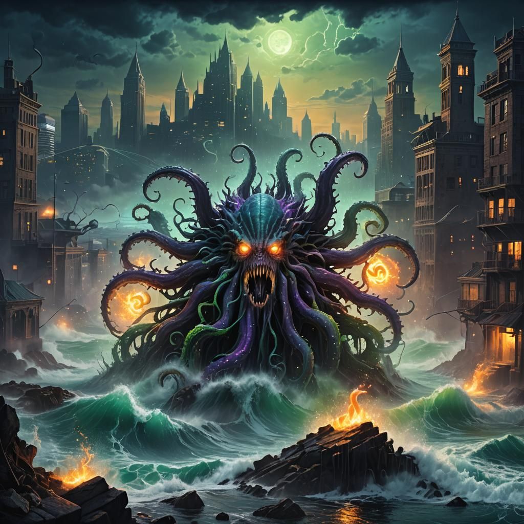 Cthulhu Emerges: A Dark Fantasy Destruction Scene
