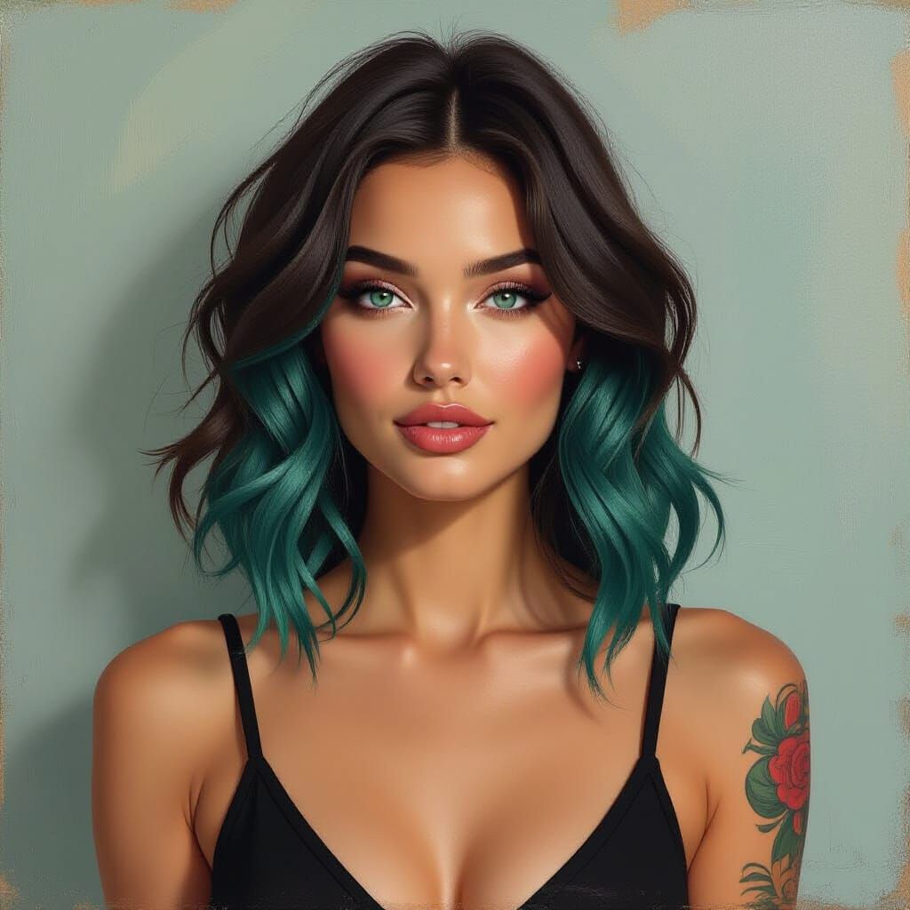 Brunette with Teal Hair in Expressive Impasto Style