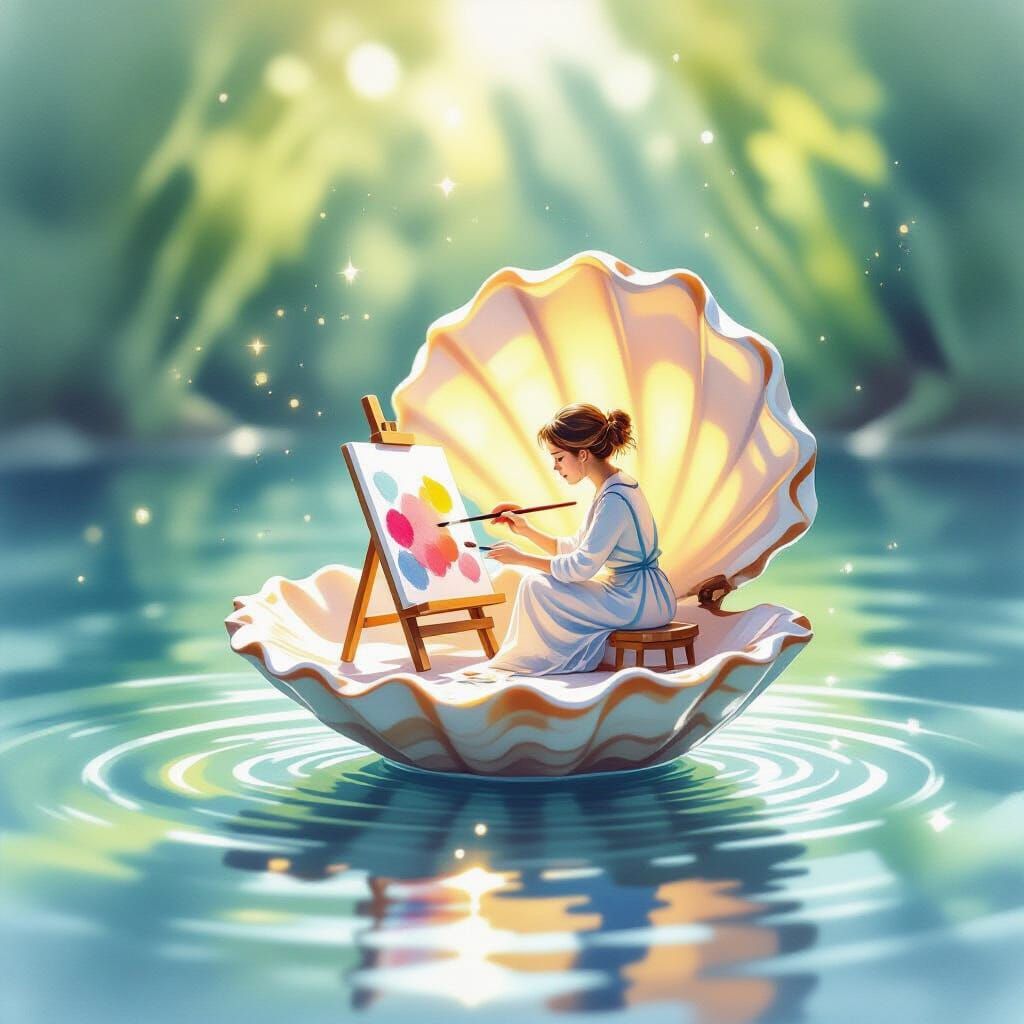 Miniature Artist Painting in Seashell, Watercolor Style