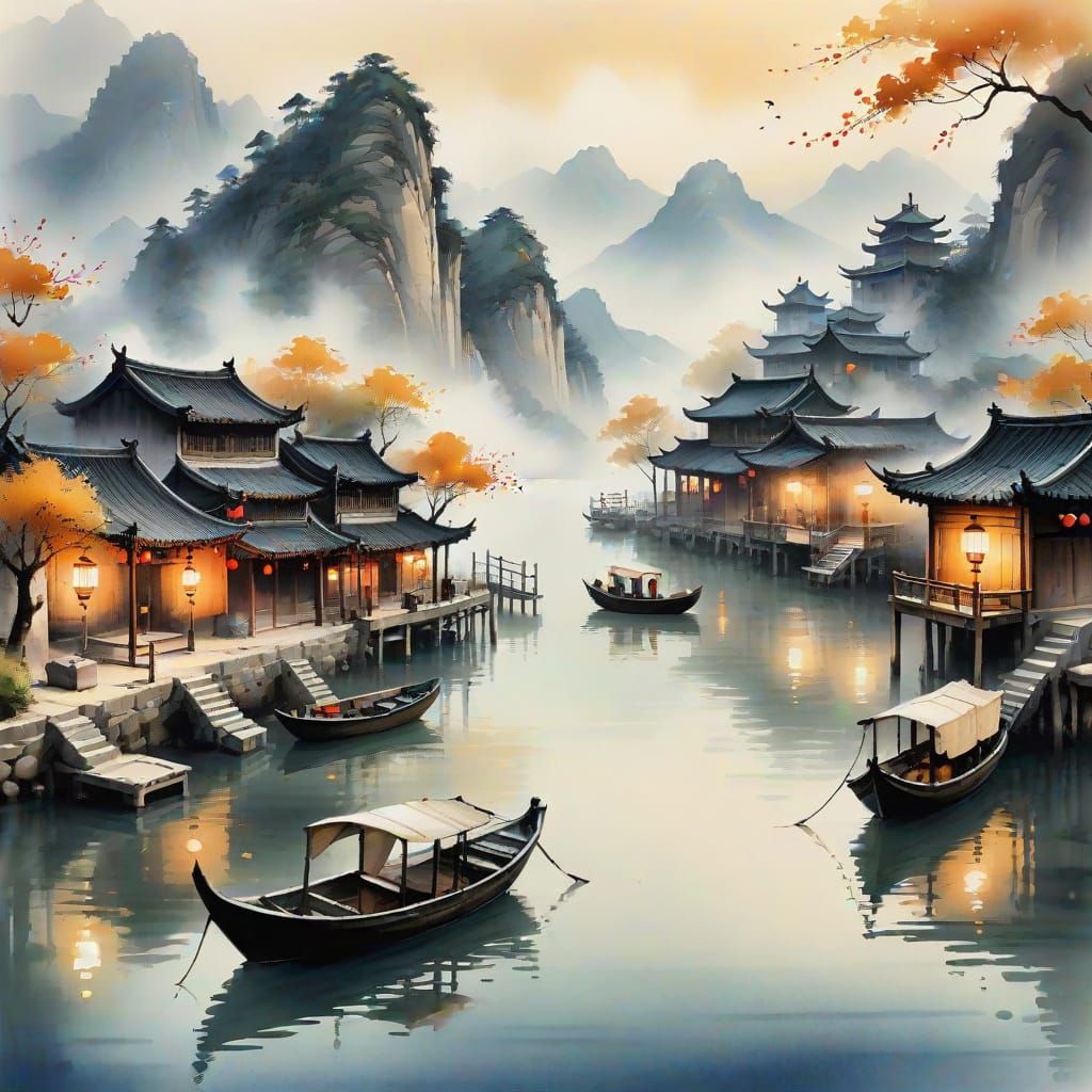 Serene Chinese Village at Dusk in Ink Wash Style
