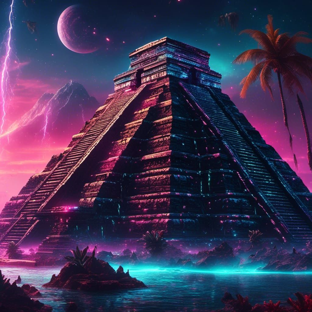 Ornate Neon Mayan Pyramids in Ocean
