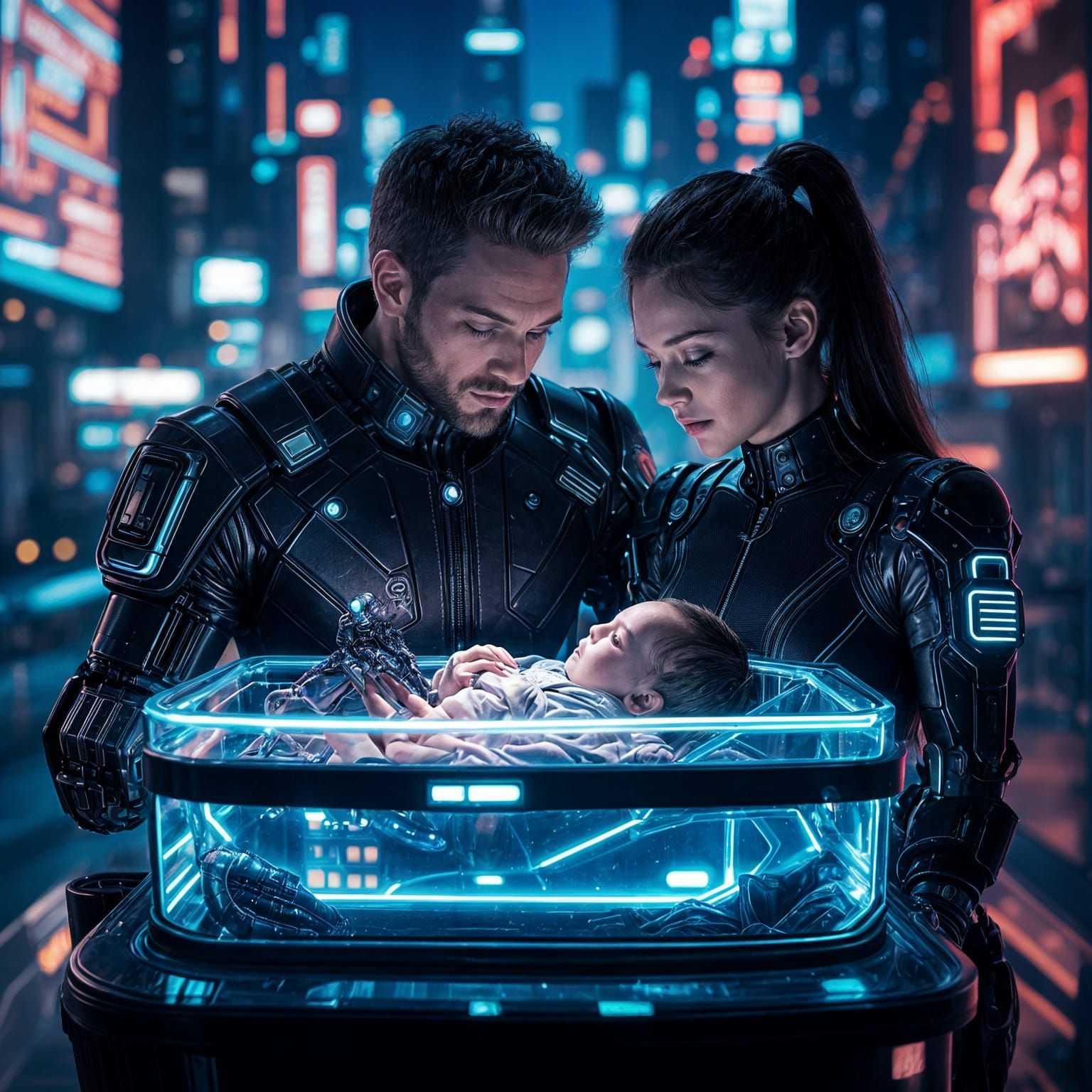 Cyberpunk Family Over Futuristic Baby Crib