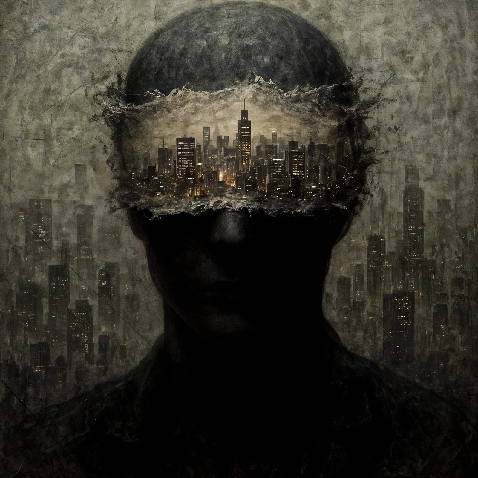 Surreal Blindfolded Figure with Cityscape Double Exposure