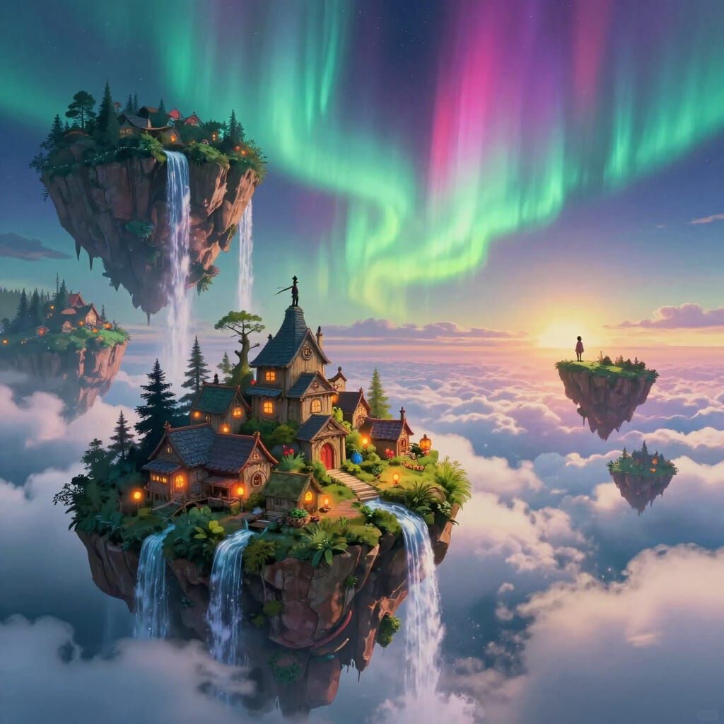 Floating Islands Village Under Aurora Sky