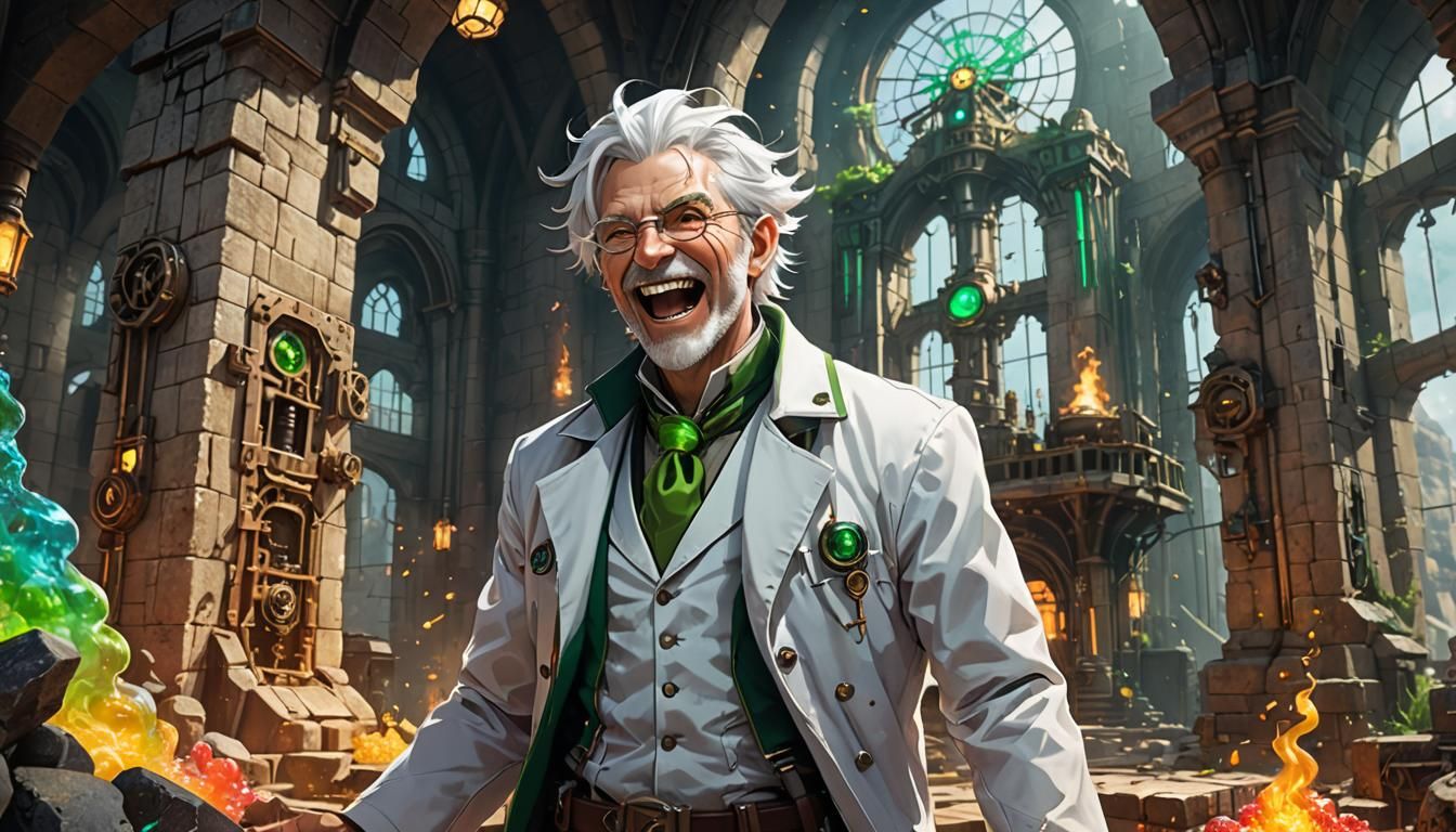 Steampunk Mad Scientist Laughing Before a Death Ray