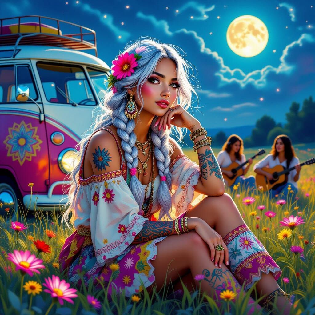 Hippie Woman by VW Van, Moonlit Concert