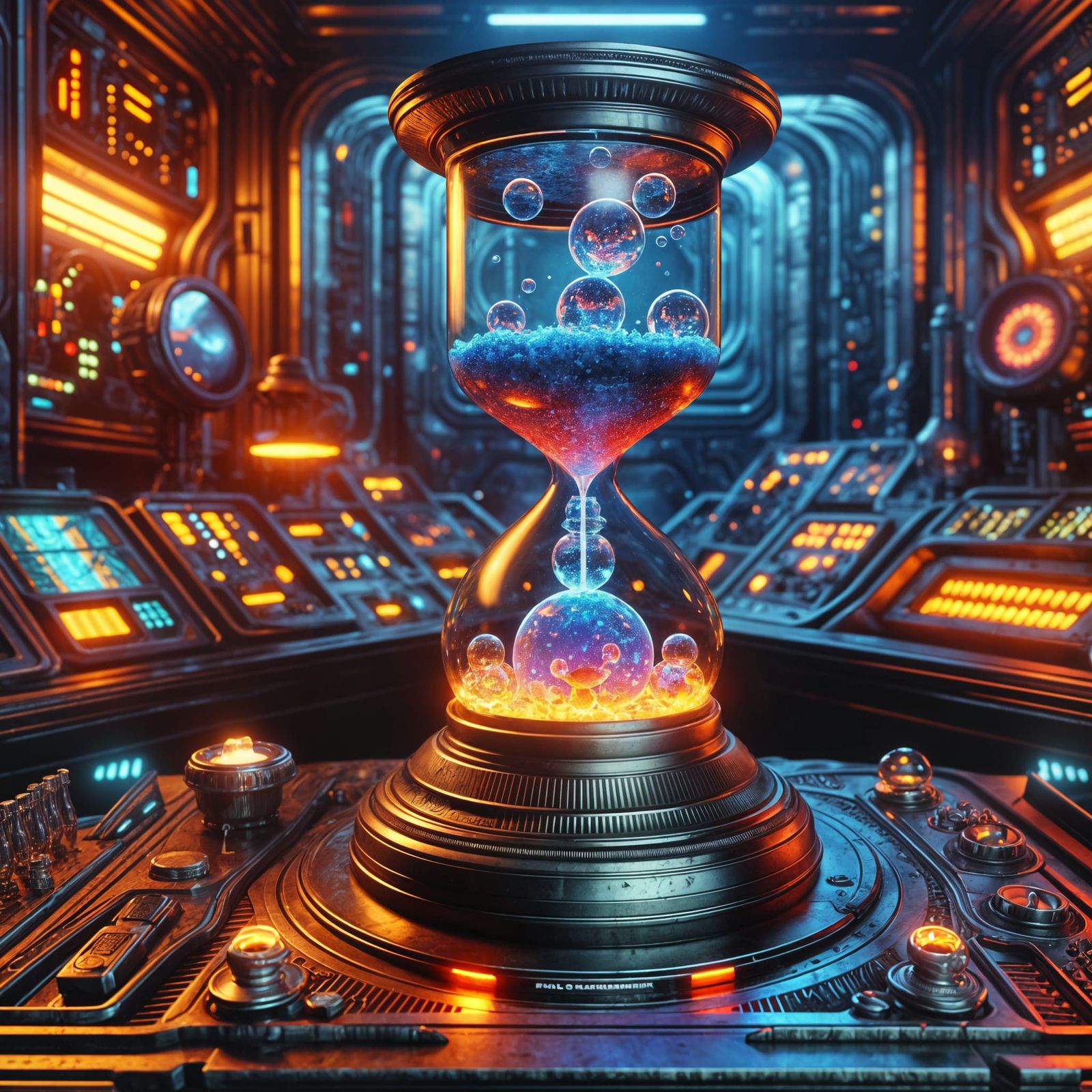 Futuristic Hourglass Lava Lamp Glows on Spacecraft Console