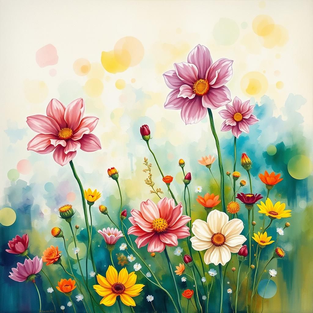 Colorful Flower Field in Gouache Watercolor Style