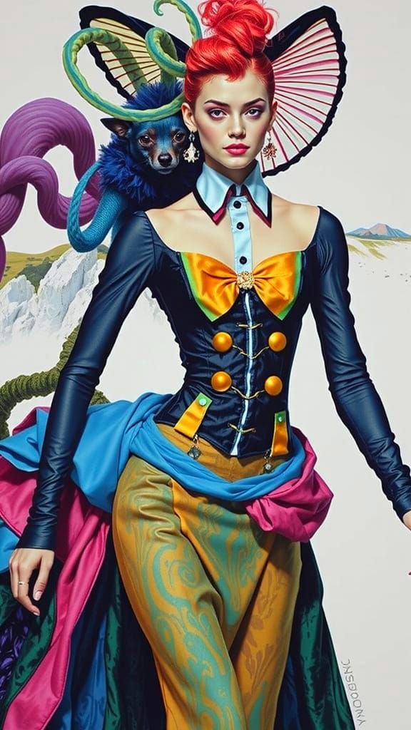 Eccentric Haute Couture Runway in Whimsical Landscape