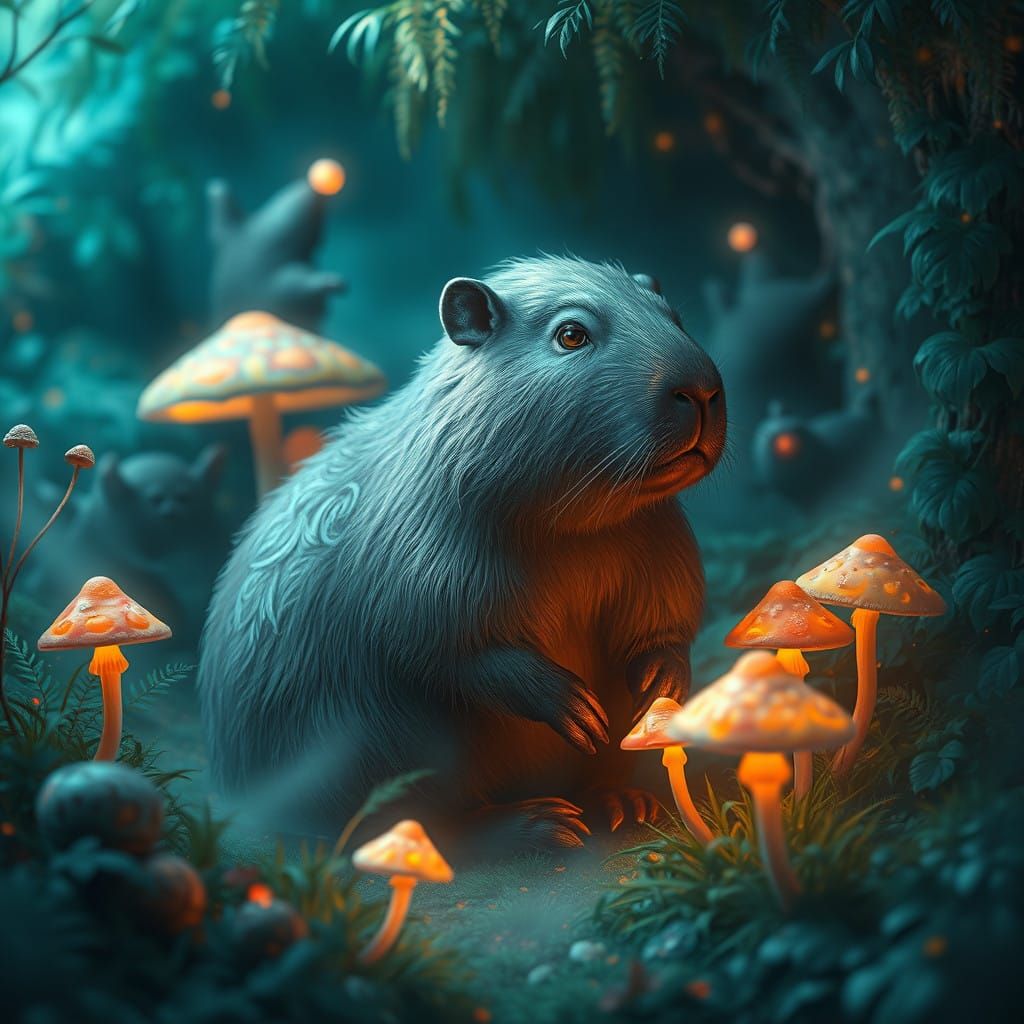 Surreal Capybara in Vibrant Dreamlike Landscape with Iridesc...