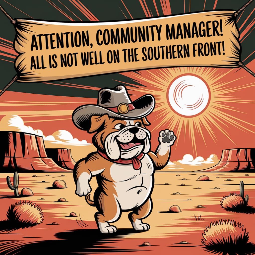 Whimsical Bulldog Cowboy Dances in Desert Sun