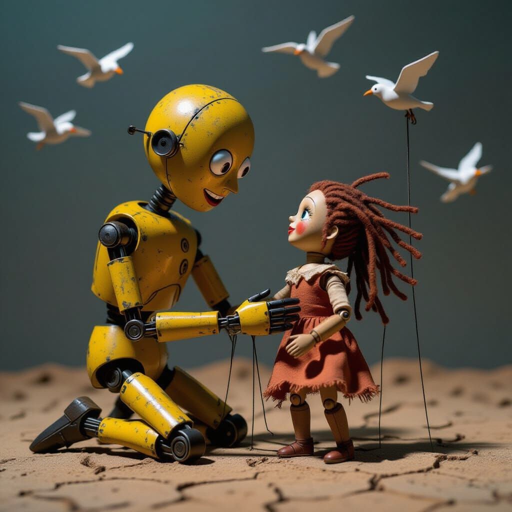 Metal Puppet Embraces Wooden Puppet Amidst Surreal Sky